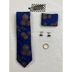 DiBangu Silk Tie Set Men's Blue w/Gold Flowers Cufflinks Ring Pocket Square